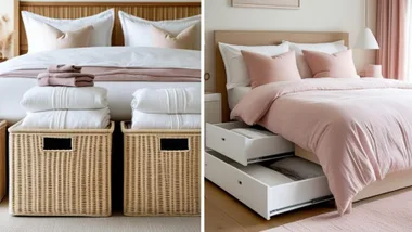 A split-screen image showcasing two under-bed storage solutions. The left side shows two large, rectangular woven baskets filled with folded white and pink linens, placed at the foot of a bed with a wooden headboard. The right side displays a bed with a light wood frame and a pink duvet, featuring two pull-out white drawers underneath, one partially open revealing folded items.