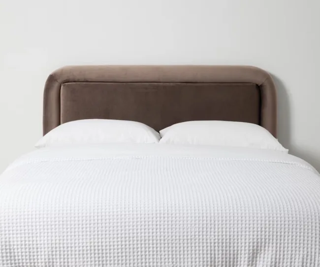 Velvet queen upholstered bedhead in brown from Kmart
