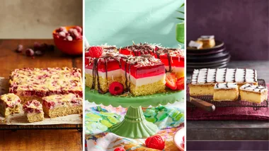 Three pictures of slice recipes side by side. One is a ricotta slice, the second is a jelly slice and the third is a vanilla slice.