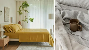 Best bed sheets Australia featuring (L-R): Ettitude Bamboo Signature Sateen sheets in saffron and Cultiver linen sheet set in pinstripe