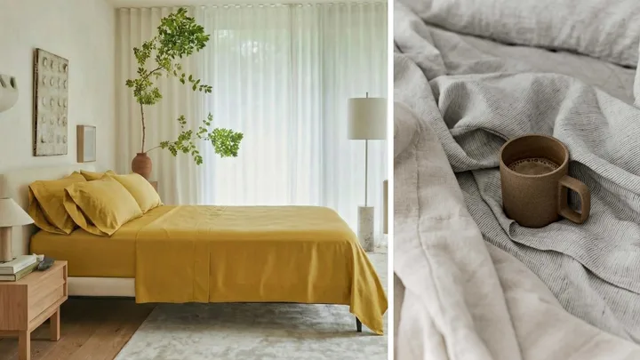 Best bed sheets Australia featuring (L-R): Ettitude Bamboo Signature Sateen sheets in saffron and Cultiver linen sheet set in pinstripe