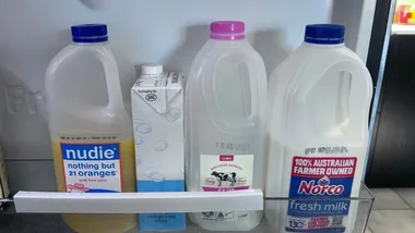 plastic bottles sitting in the fridge door.