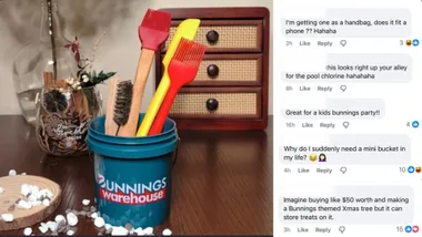 bunnings mini bucket with tools in it on desk and facebook comments listed on the right