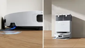 A split image of the Ecovacs DEEBOT N50 Omni robot vacuum. The left side shows the vacuum cleaning dust and debris from a corner, with blue light streaks indicating its path. The right side shows the robot docked with its self-emptying station, ready to be charged and emptied.