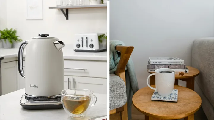 electric kettle with green tea sitting next to it and other image with mug on coffee table made of wood