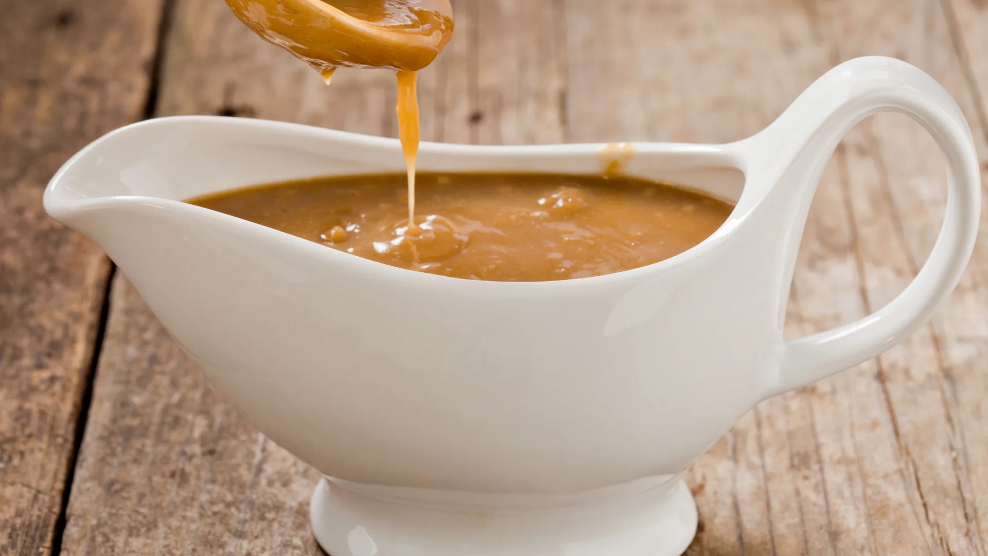 gravy in a white gravy boat