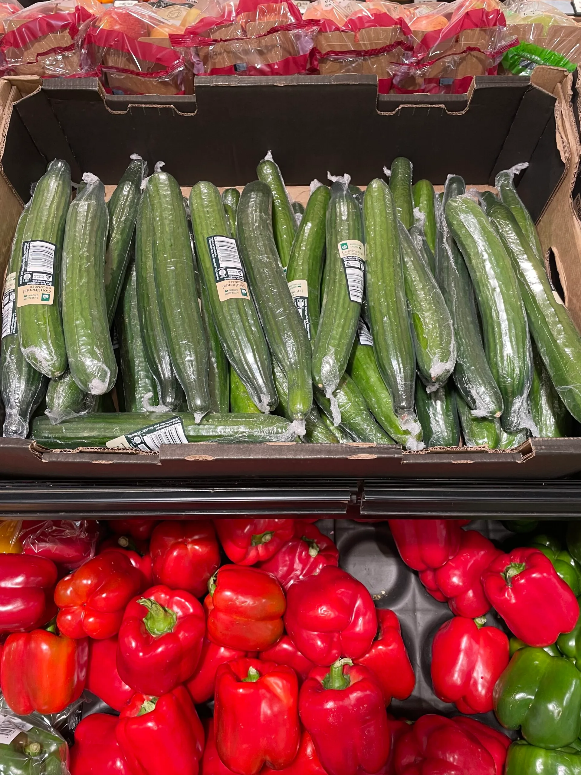 telegraph cucumbers in box with red capsicums underneath shelf in supermarket