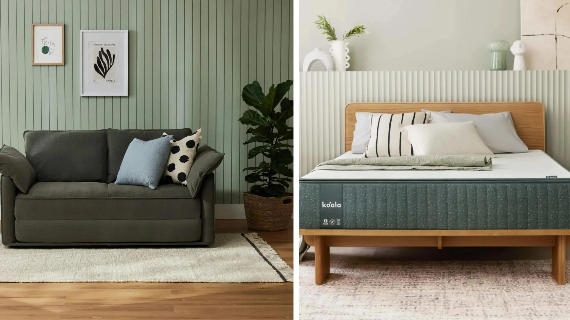 A split image shows two Koala products. The left side features a dark grey Koala sofa bed in a living room with a light green vertical-panelled wall. The right side displays a bed with a wooden frame and headboard, with a Koala Plus mattress on it, in a bedroom with a light grey wall.