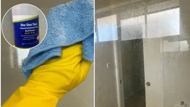 split image showing a hand in a yellow glove applying blue cloth to a clean shower screen, with an inset of 'One Shot Thick Toilet Bowl Cleaner
