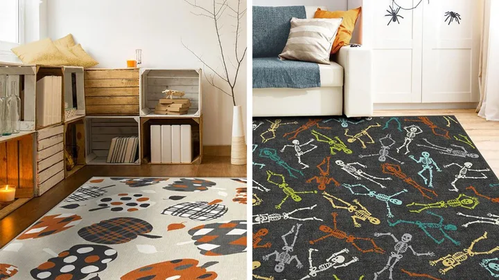 Split screen image showing two different Halloween-themed Ruggable rugs. The left features a pattern of pumpkins and leaves in white, black, orange and grey. The right features a dark rug with colourful dancing skeleton figures.