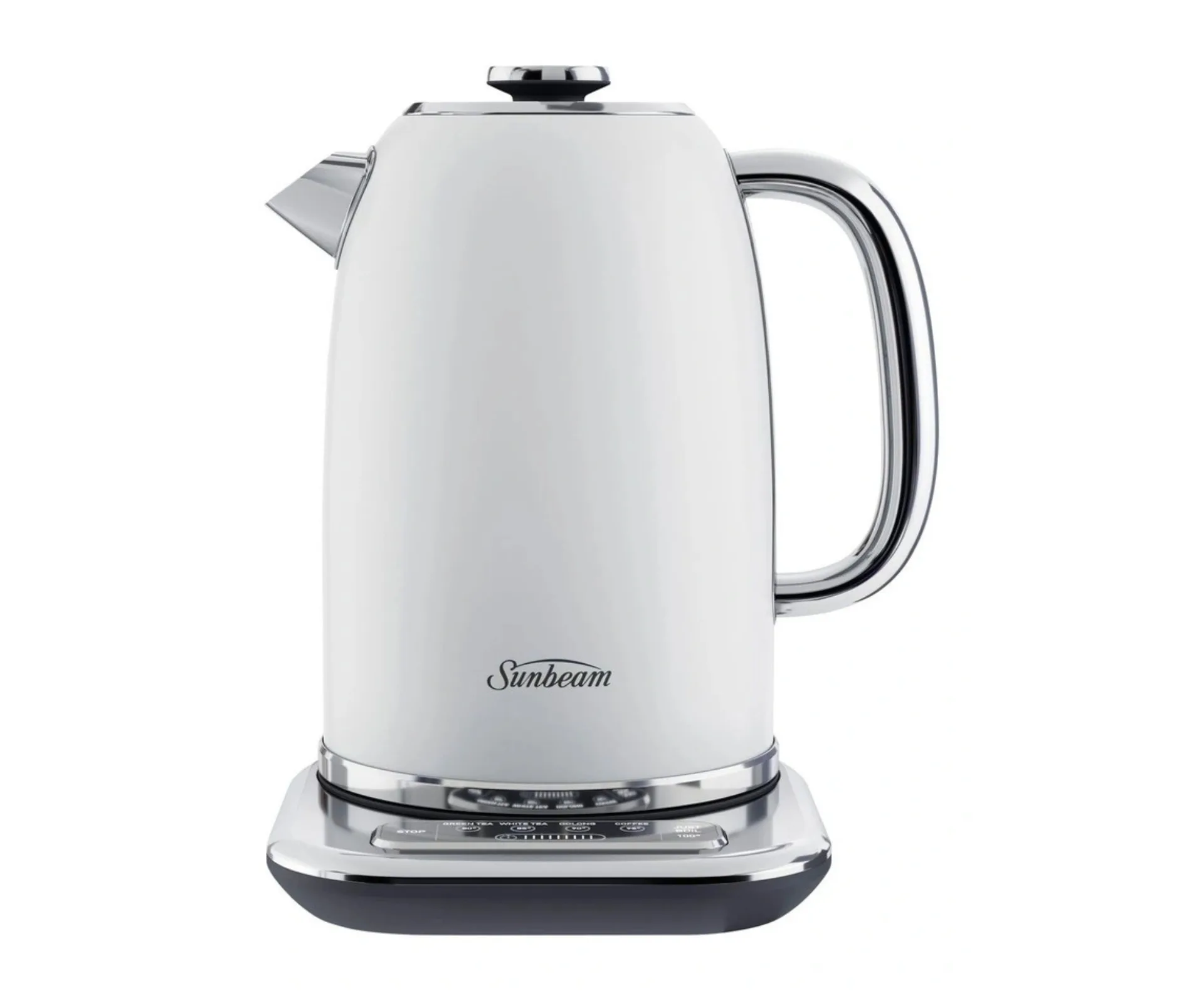 sunbeam deep etch of electric kettle with base and buttons for tea variety on them