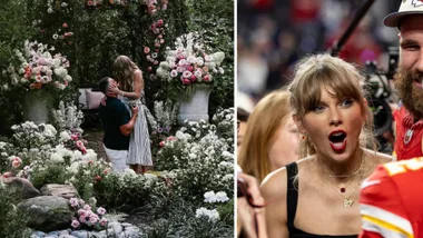 Left: Travis Kelce proposes to Taylor Swift in a flower garden. Right: Taylor Swift shocked face.