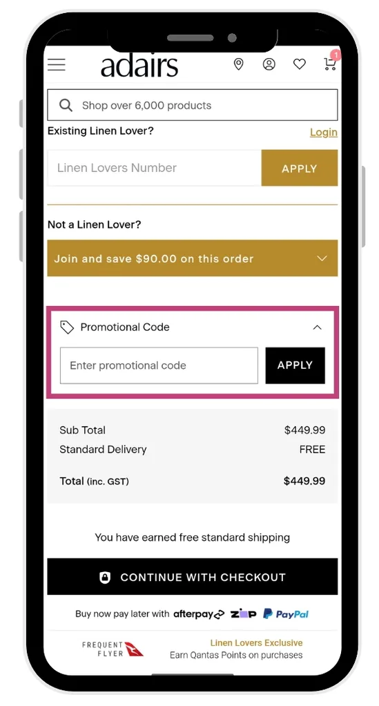 The Adairs coupon code field at the checkout.