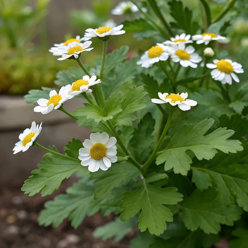 pyrethrum daisy plant with parsley like leaves and bright yellow stamen