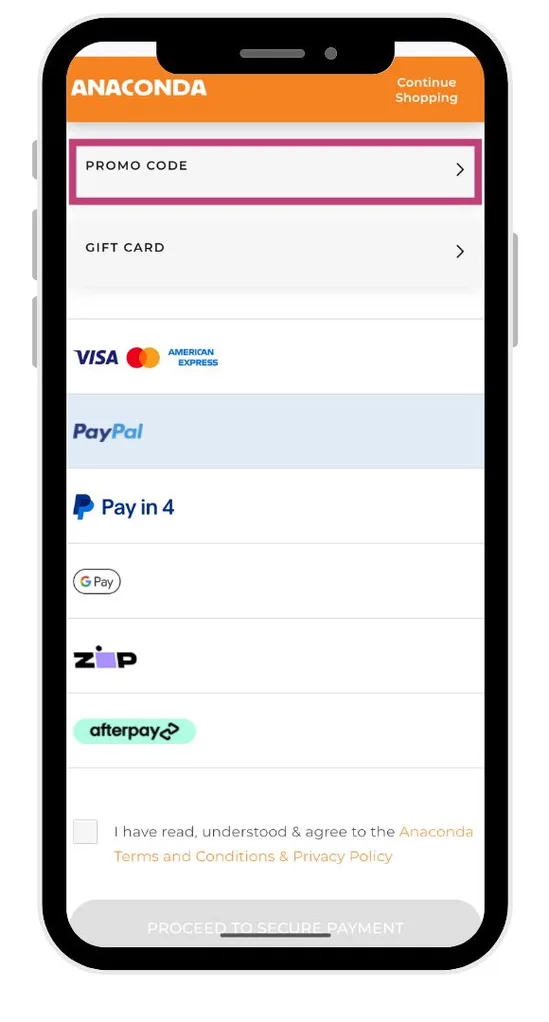 The Anaconda discount code field is visible after clicking on "Promo Codes" at the checkout.