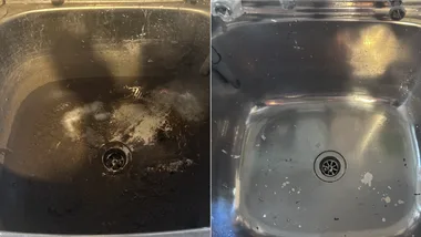 before and after bar keeprs friend on really dirty laundry sink