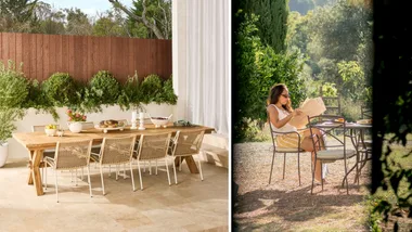 a split image; on the left our no #1 best dining set for 2025; a 7 piece dining table and chairs from Early Settler and on the right, a woman is pictured sitting at a european style outdoor dining set reading