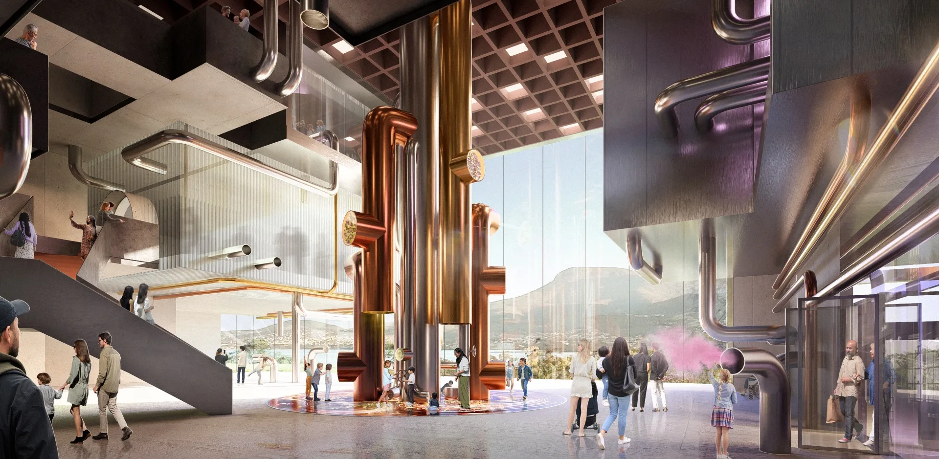 chocolate experience at cadbury with big gold pipes in the middle of the room with children playing and purple carpet