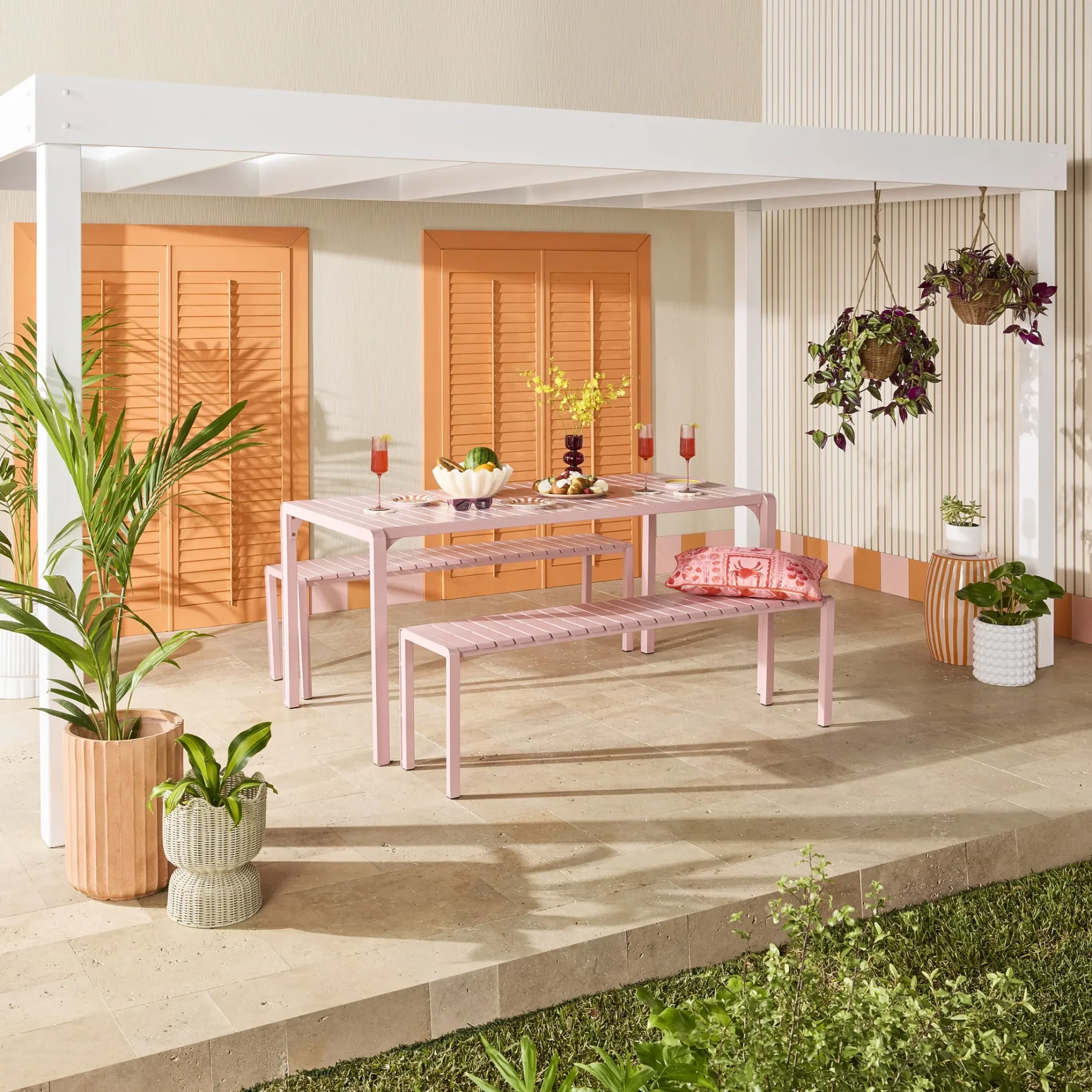 best outdoor dining sets featuring early settler pink outdoor dining set with benches
