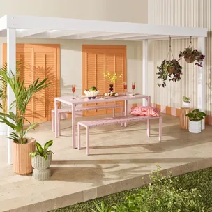 best outdoor dining sets featuring early settler pink outdoor dining set with benches