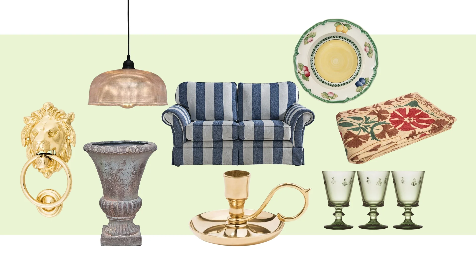 compiled image with green background and all the editors picks for december vintage decor including stripy couch, lions head door knocker andkantha throw