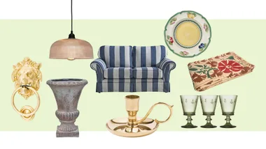 compiled image with green background and all the editors picks for december vintage decor including stripy couch, lions head door knocker andkantha throw