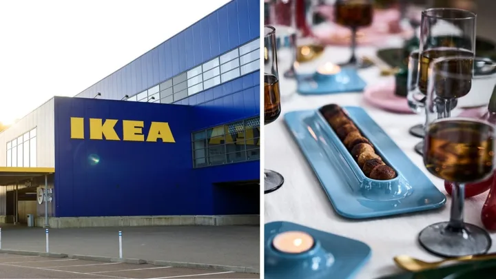 gustaf westman ikea collection with meatball tray on one side and front of ikea store on the other side