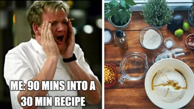 gordon ramsay meme with spilt screen of flour being prepped for dough