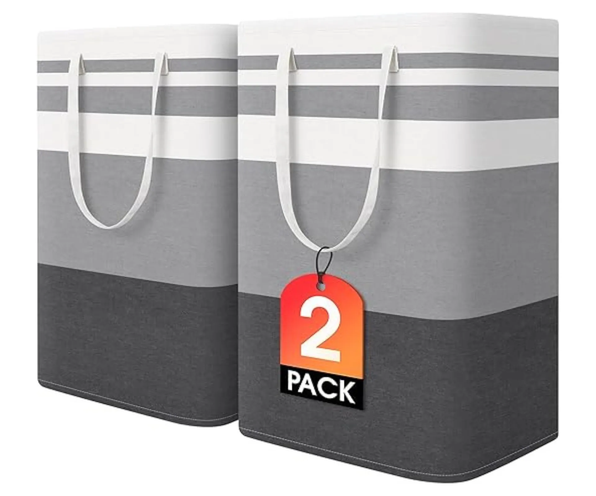 two fabric laundry hampers with stripes in grey white and black 