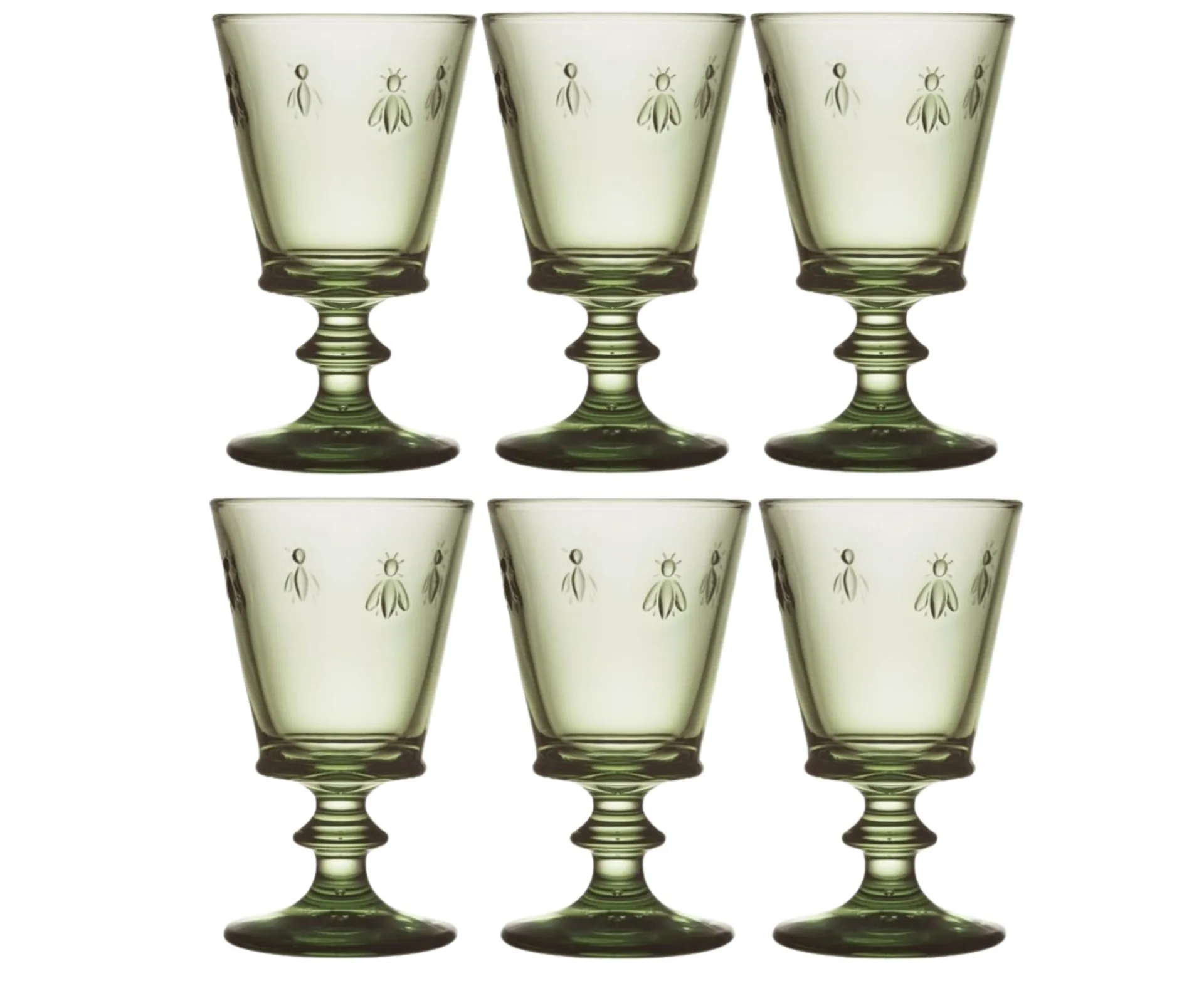 green coloured glass set with glass bees in the tops