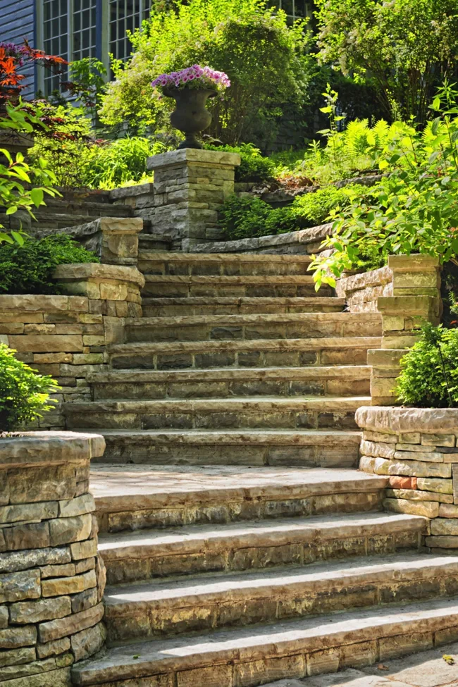 stair case with terraced gardens mad eof sandstone either side of medium sloping garden