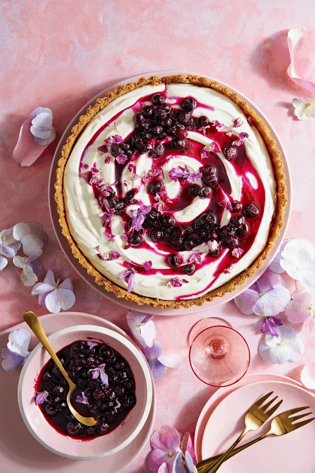 blueberry cheese cake with swirls of blueberry stew on top