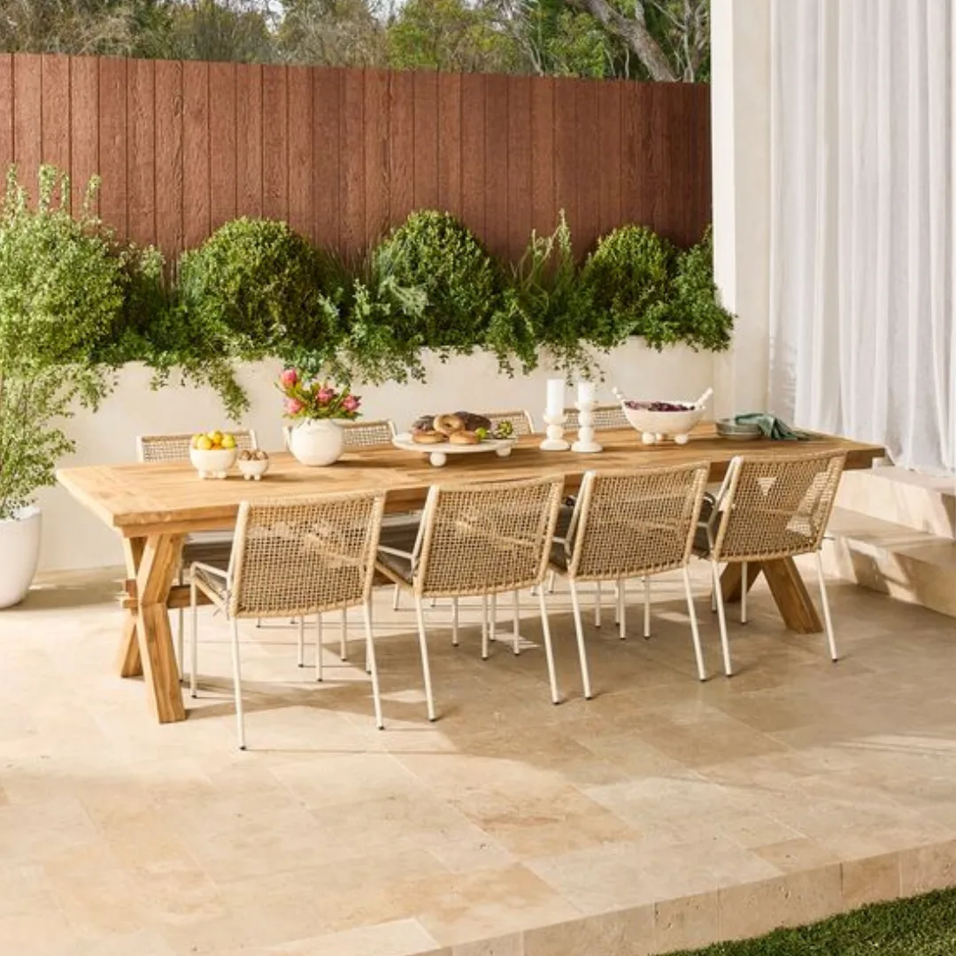 Early Settler Reclaimed Teak Dining Table and Weave Dining Chairs Packager 