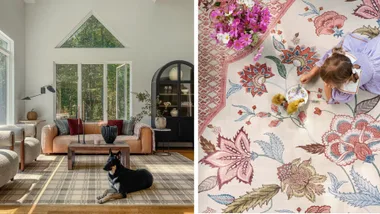 A split-screen image shows two Ruggable rugs. The left side shows a dog lying on a neutral-coloured plaid rug in a living room. The right side shows a close-up of a young child and two ducklings on a light-coloured rug with a detailed floral pattern in red, pink and blue.