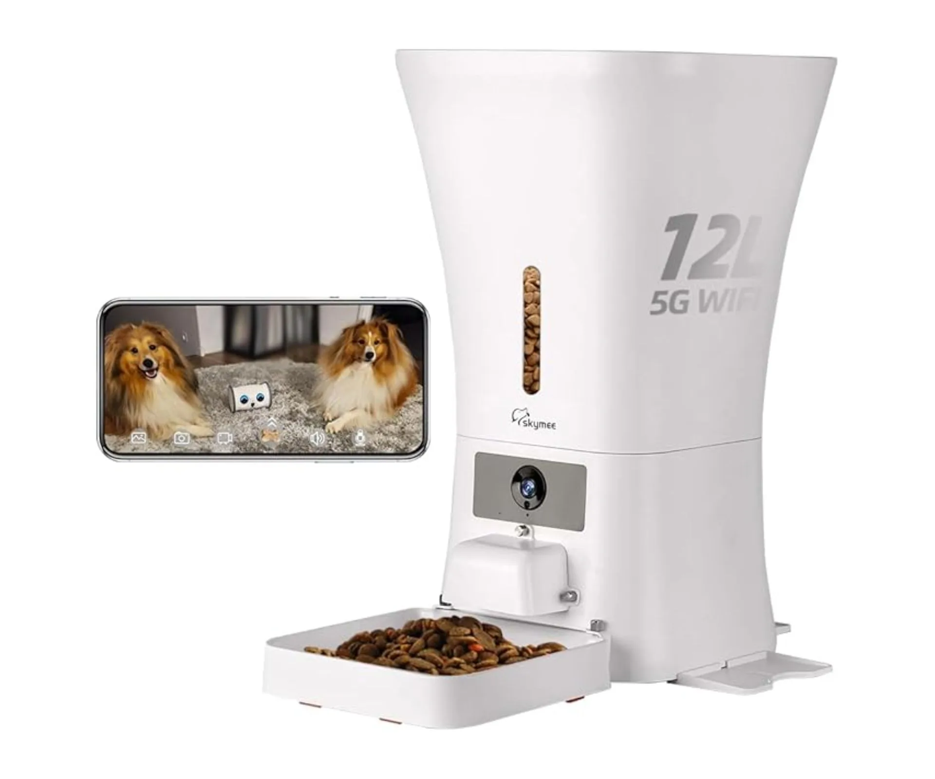 SKYMEE 12L WiFi Pet Feeder Automatic Food Dispenser for Cats & Dogs-Support 2.4G & 5G-1080P Full HD Pet Camera Treat Dispenser with Night Vision and 2-Way Audio