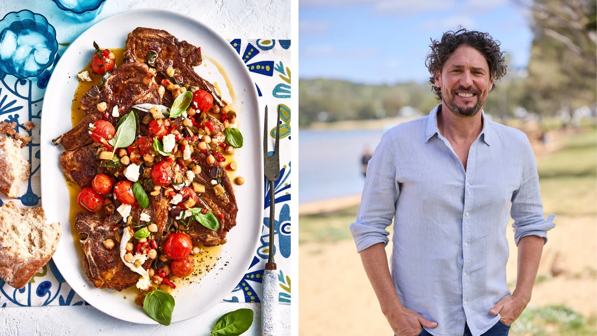 spring lamb chops with vegetables on oval dish with picture of colin fassnidge in blue shirt on the right