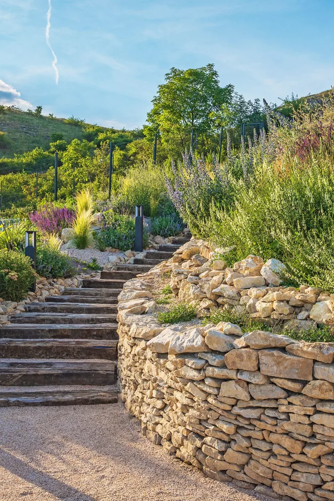 steep sloping garden with terraced wall made of rocks