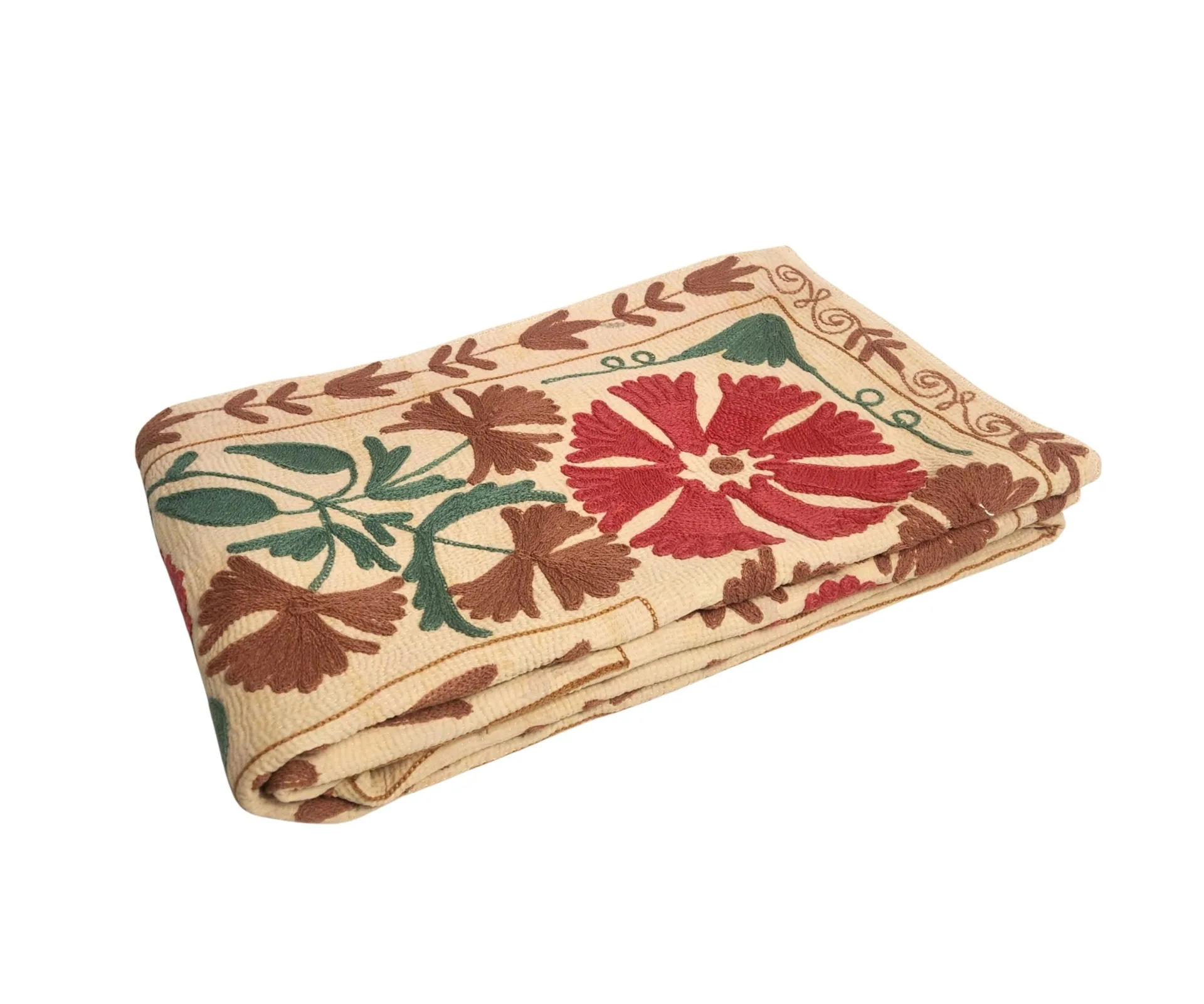 vintage throw in kantha style with embroidered flowers