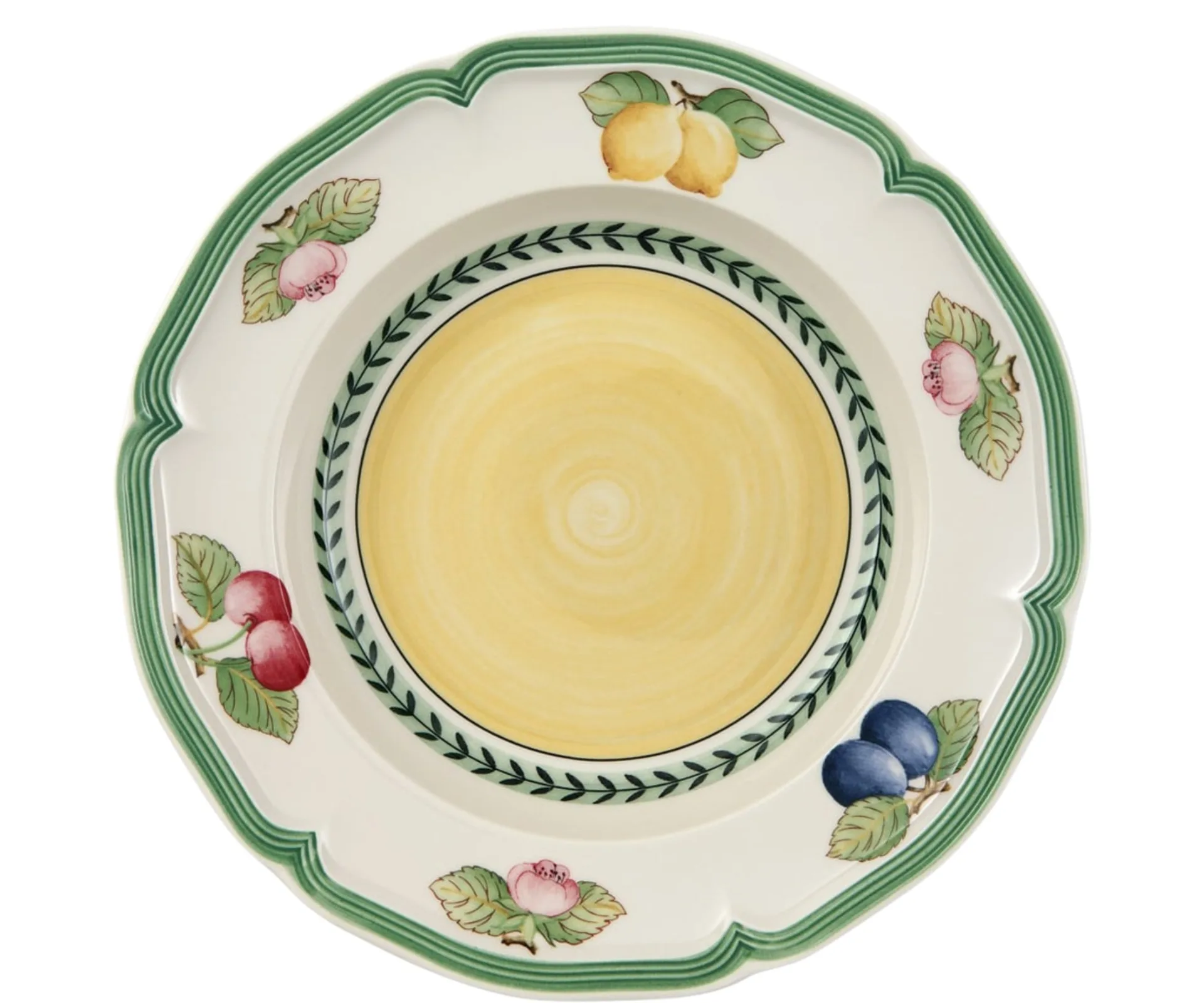 deep dish plate with stone fruit painted around the edge and yellow in the middle