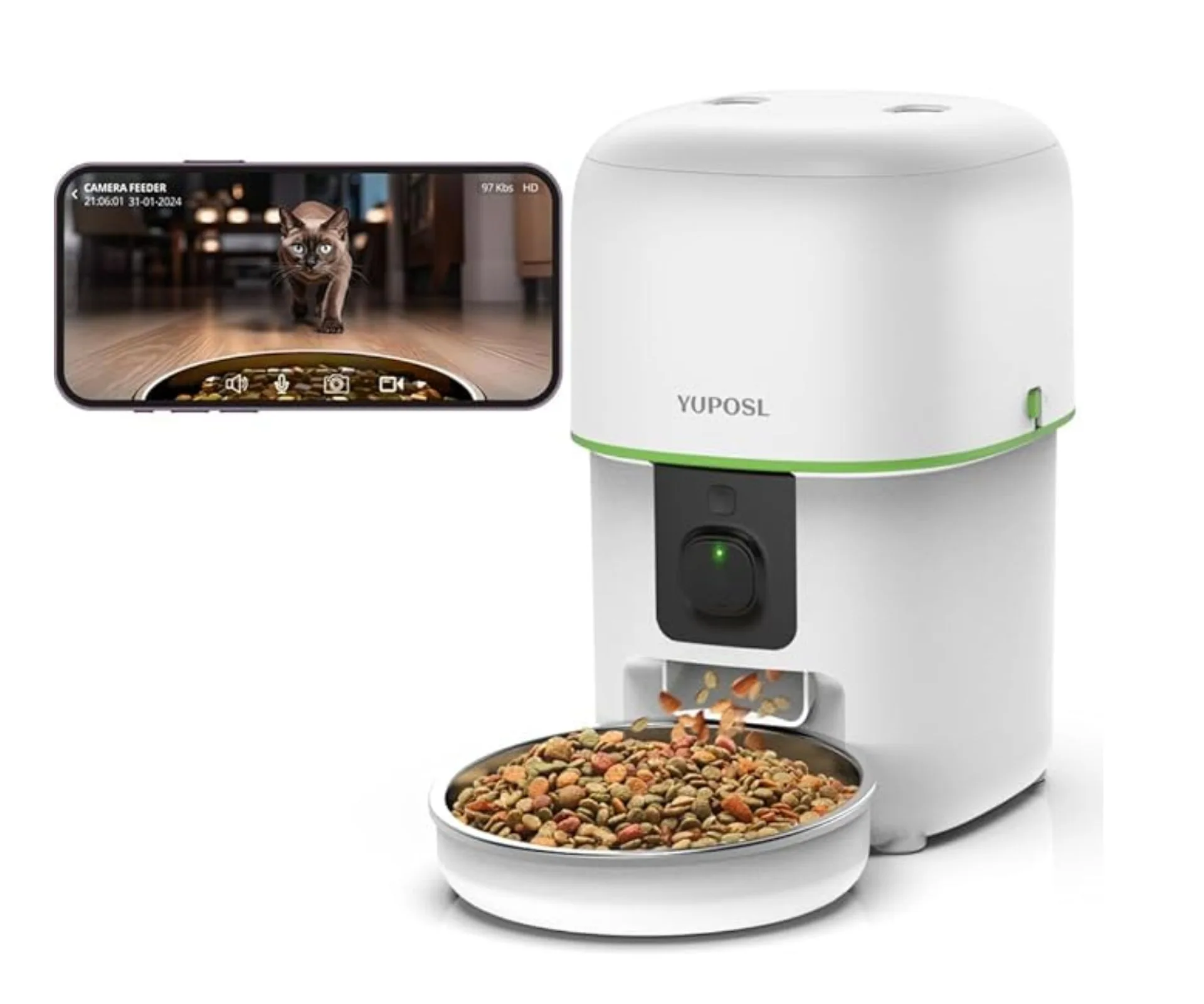 Yuposl Automatic Cat Feeders with Camera, 2L Automatic Cat Feeder, 5G WiFi APP Control, 1080P HD Video Night Vision, 1-16 Meals, 1-99 Portions, Desiccant to Keep Dry Food Fresh