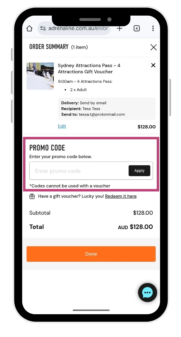 The Adrenaline promo code field at the checkout.