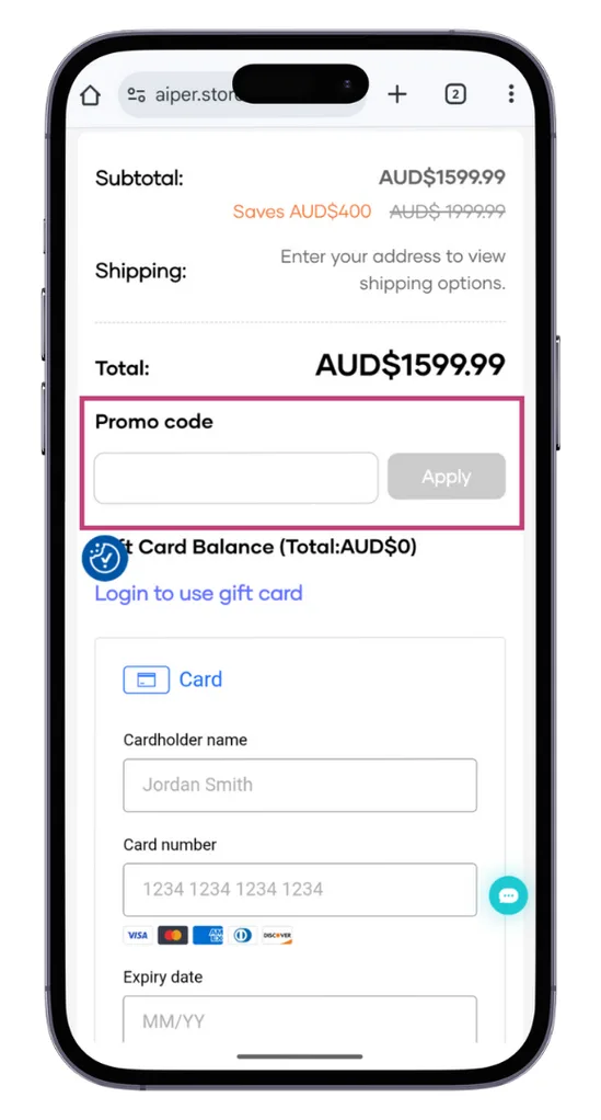 The Aiper discount code field at the checkout