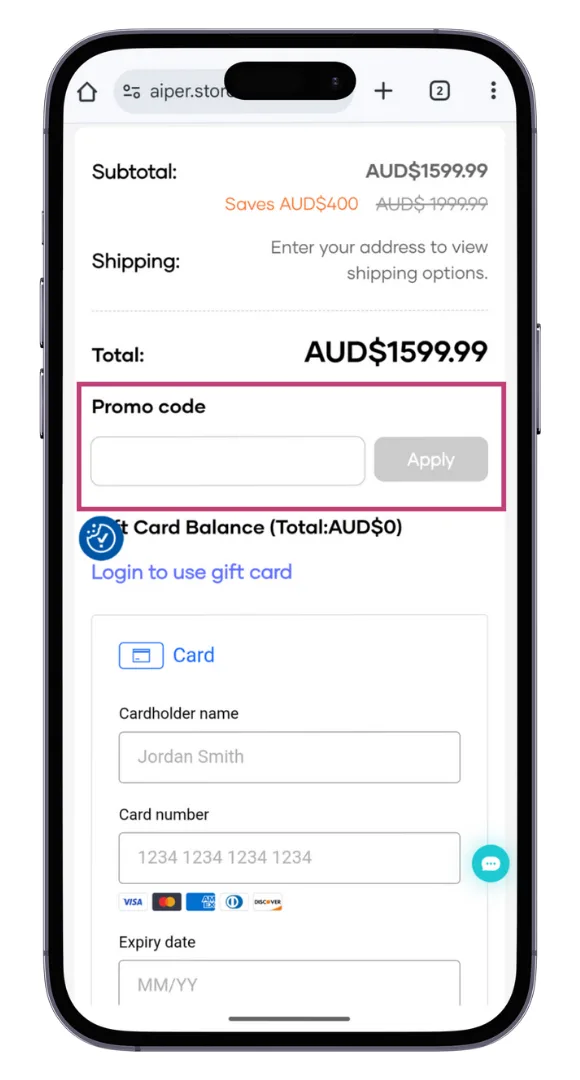 The Aiper discount code field at the checkout