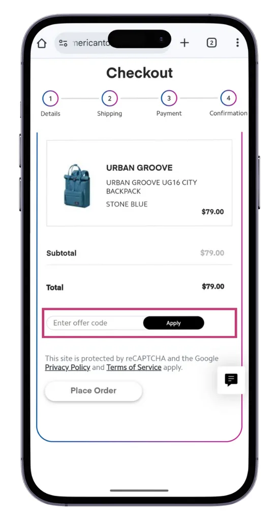 The American Tourister discount code field at the checkout