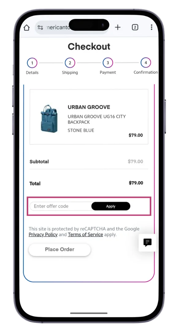 The American Tourister discount code field at the checkout