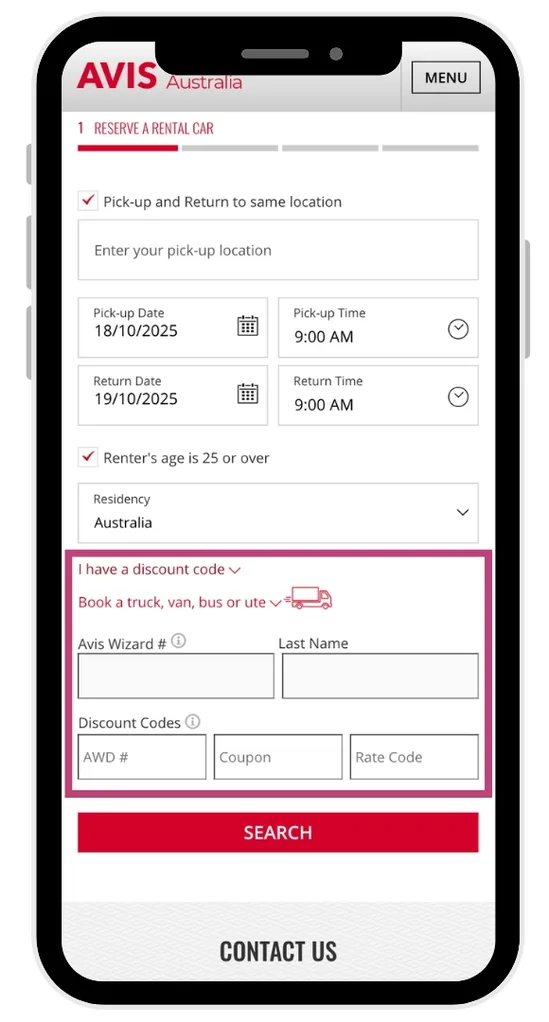 The Avis discount code field on the booking form.