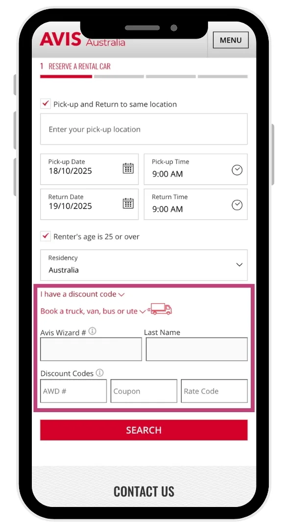 The Avis discount code field on the booking form.