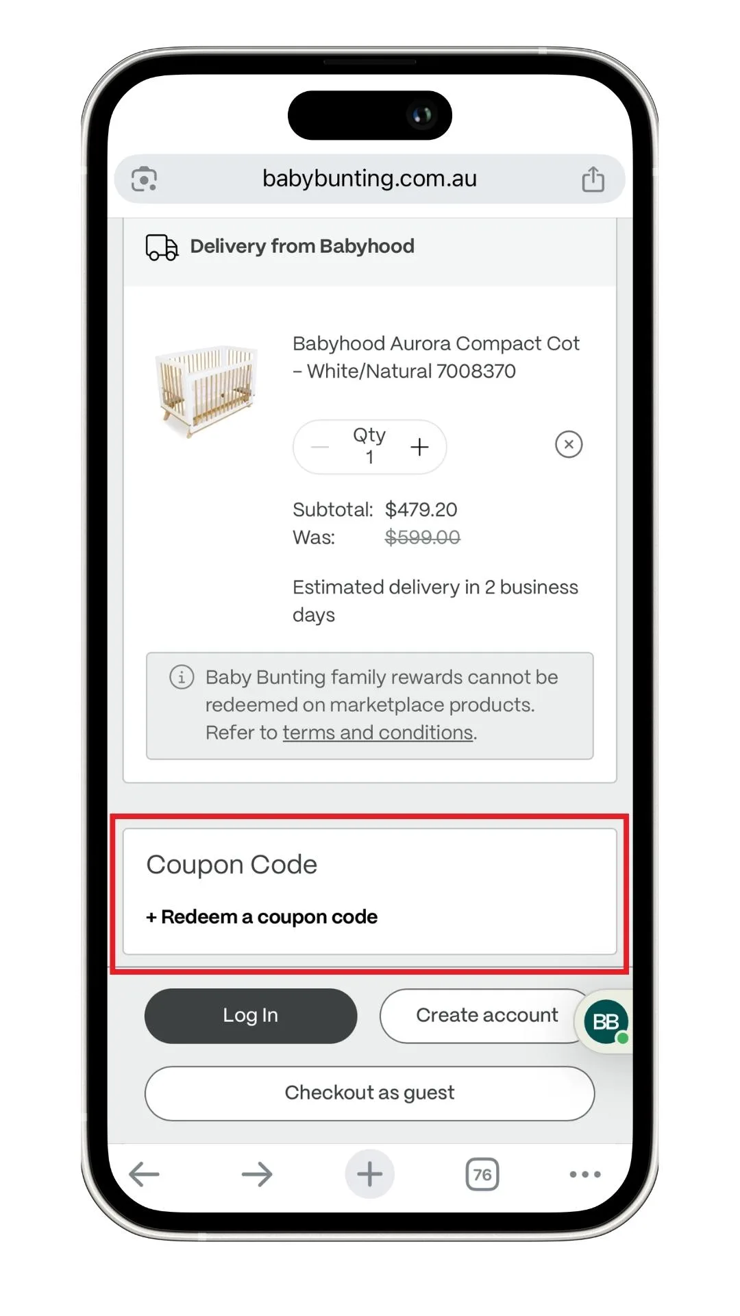 A screenshot of where to apply a Baby Bunting discount code. 