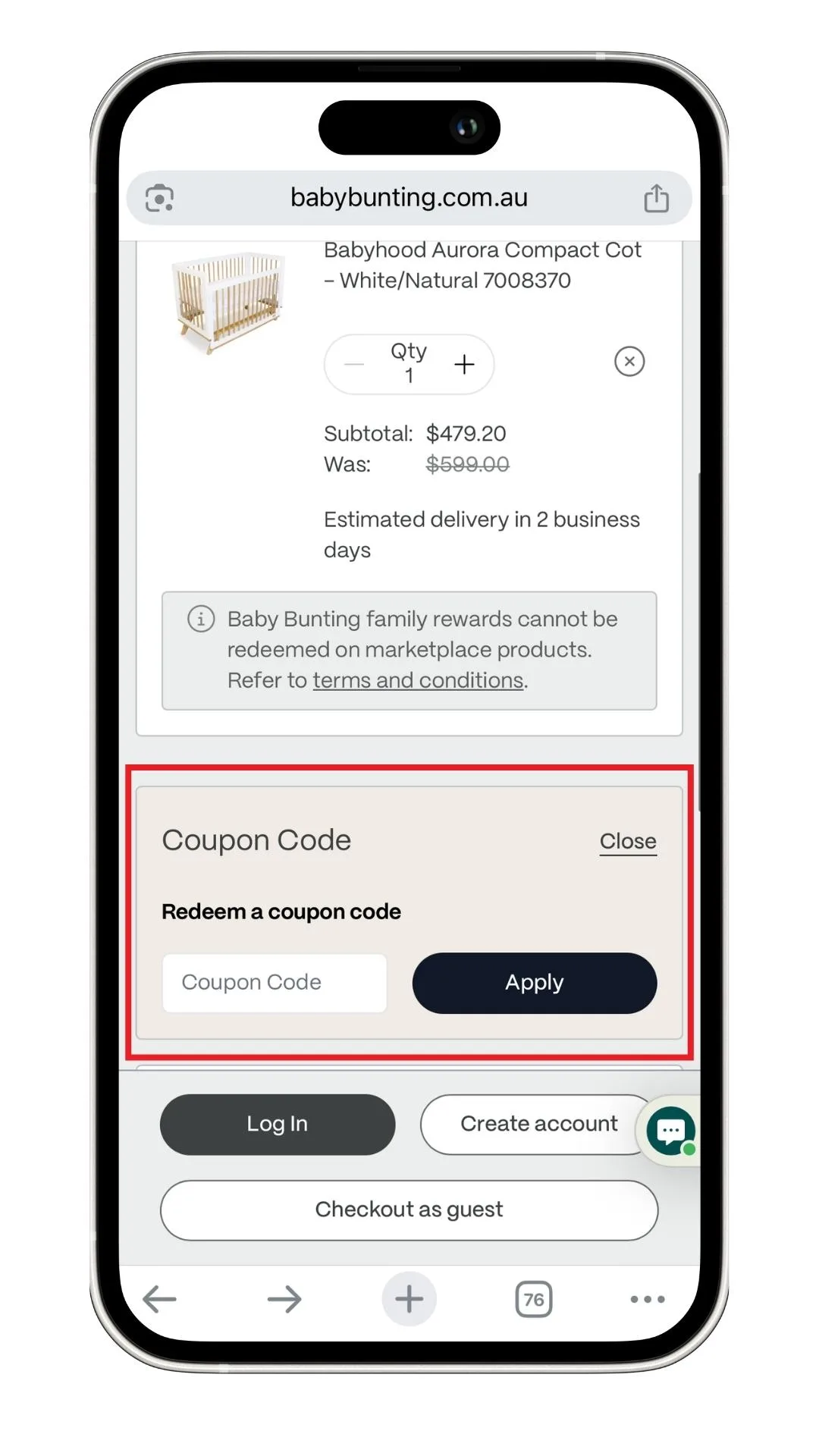 A screenshot of how to redeem a Baby Bunting discount code. 