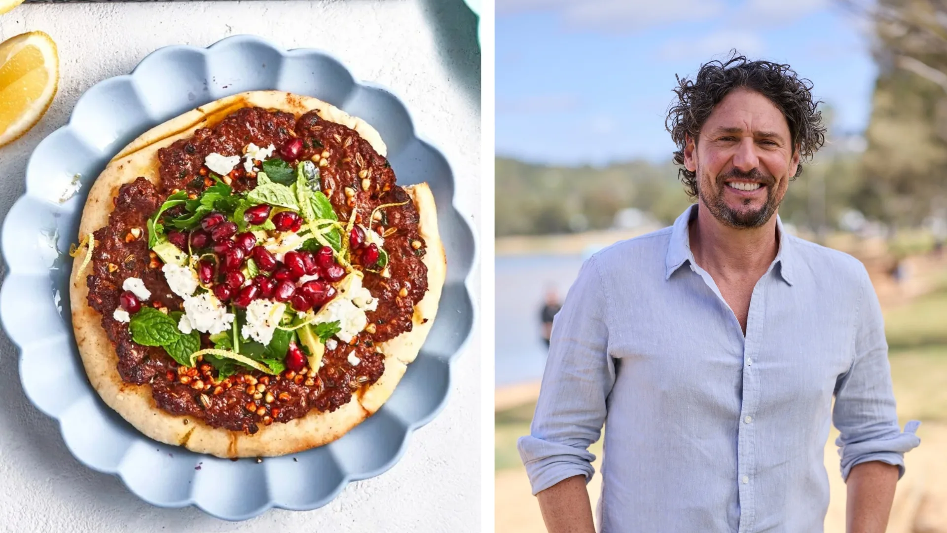 beef pitas in scalloped round bowl with portrait of colin fassnidge next to it.